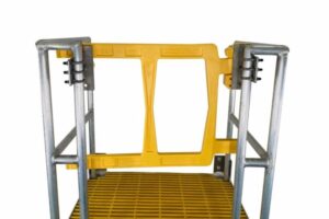 Yellow safety barriers platform featuring a sturdy metal frame, designed for secure and elevated work environments.