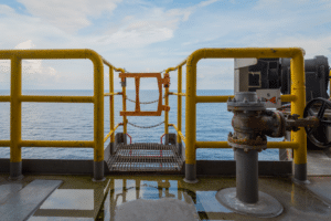 An ocean view from a boat, showcasing OSHA-compliant safety gates for passenger safety.