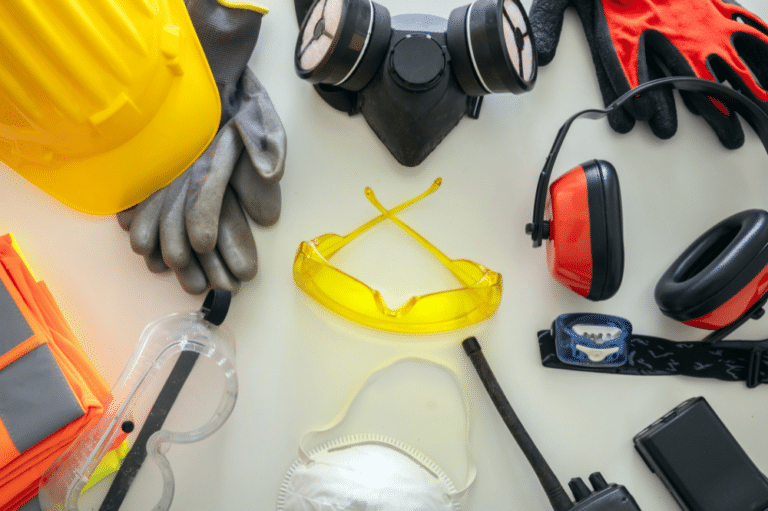 A display of construction products, including protective gear and equipment, arranged neatly on a table illustrating the innovation of Polyurethane Safety Products.